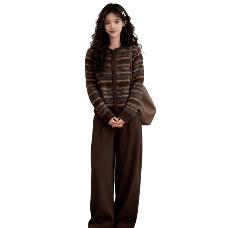 경관 그림 느긋한 캐주얼 세트 여성 2026 봄 가을 새로운 라운드 넥 긴팔 니트 오픈 가디건 이미지 5