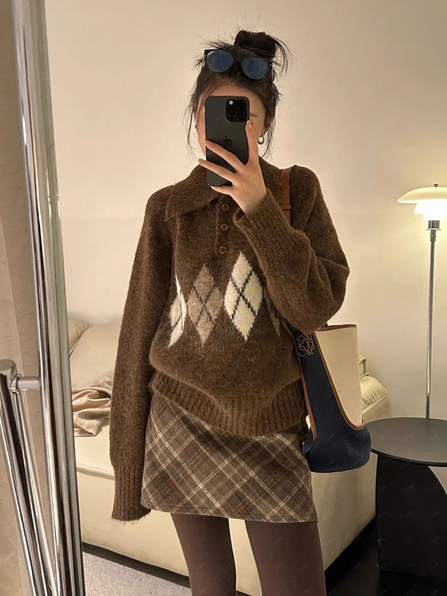 아름다움 라드. 커피 색상 링 그리드 POLO 칼라 스웨터 여자 느긋한 외출용 이른 가을 겨울 루즈핏 chic 니트 스웨터 맨위