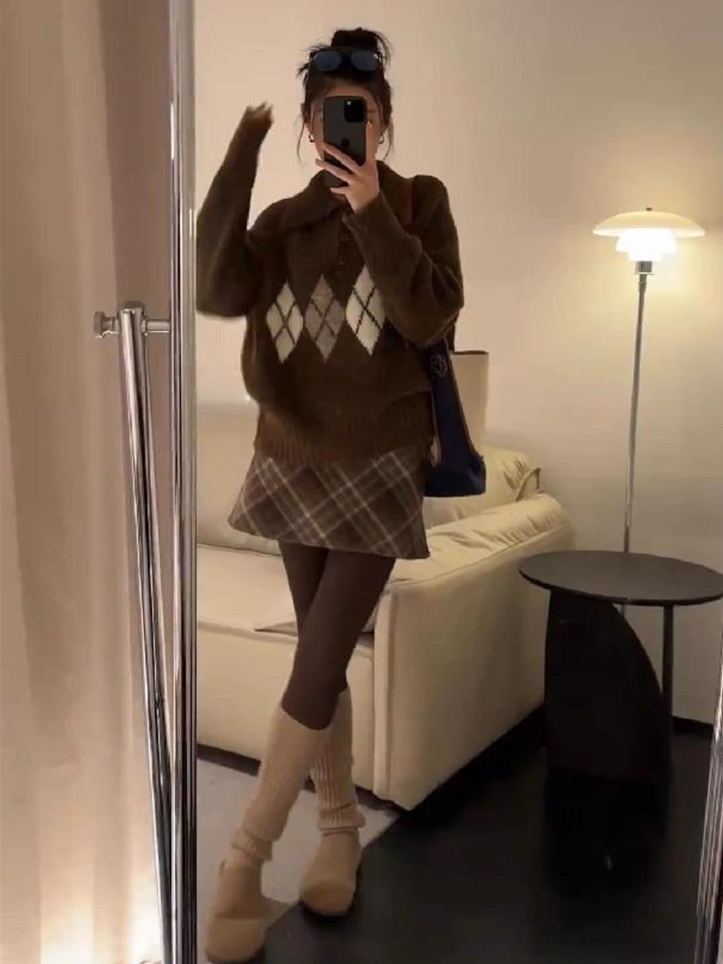 아름다움 라드. 커피 색상 링 그리드 POLO 칼라 스웨터 여자 느긋한 외출용 이른 가을 겨울 루즈핏 chic 니트 스웨터 맨위 상세 이미지 4