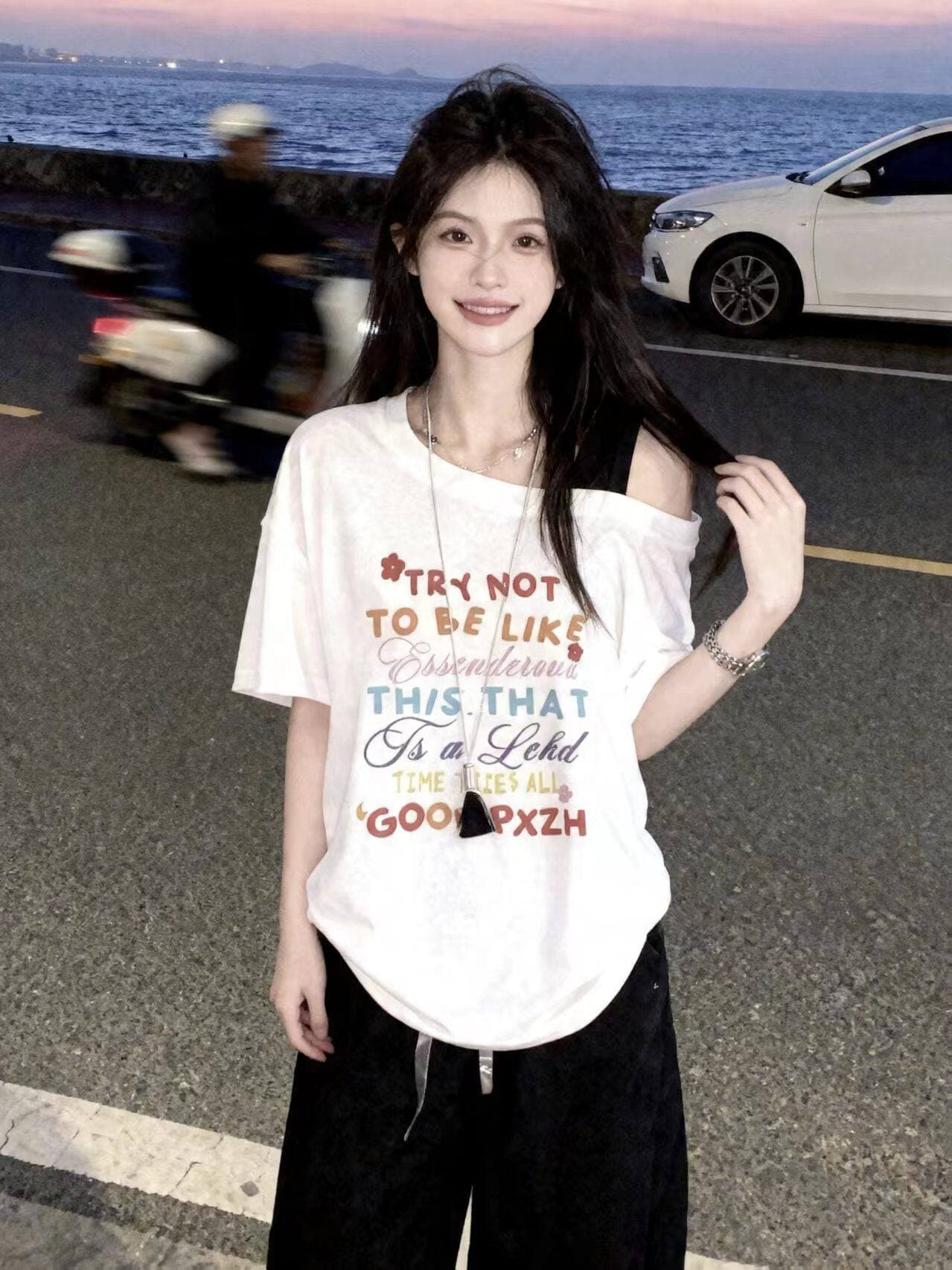 220 그램 92 면 8 암모니아 Lun 느낌 슈퍼 쿨 미끄러짐 프린트 비스듬한 어깨 슬립 반팔 티셔츠 여성