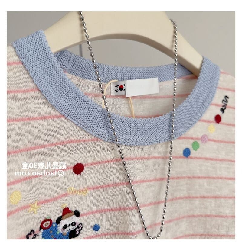 반팔 티셔츠 여성 의류 여름 새로운 아메리칸 스트라이프 루즈핏 한 부서 디자인 센스 자수 라운드 넥 맨위 상세 이미지 14