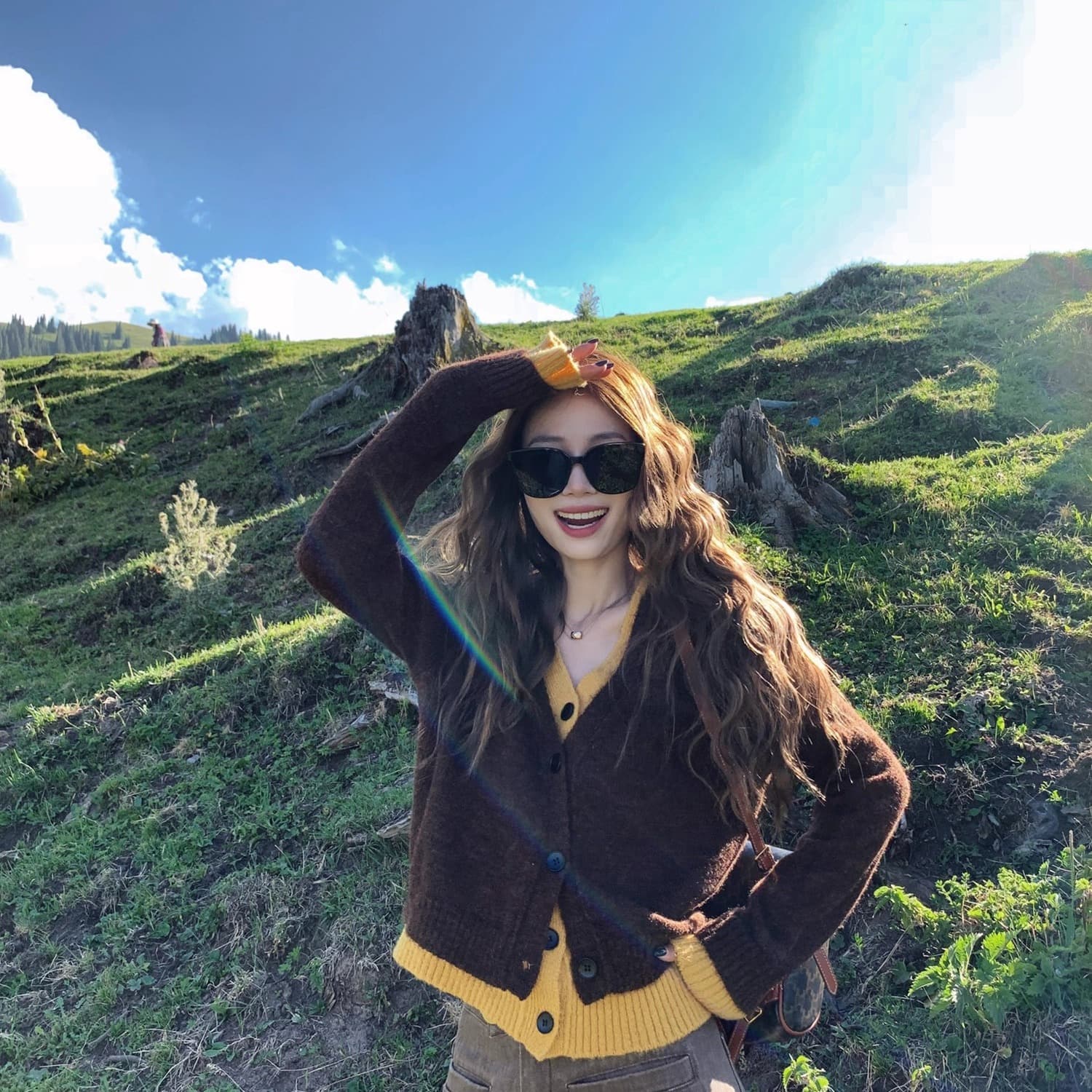 작은 6 월 6 월 브리트니 수 있습니다. 이슬 리 소녀 재미있는 착용 가져 가라. 페이크 레이어드 배색 양모 혼방 니트 오픈 가디건 이미지 2