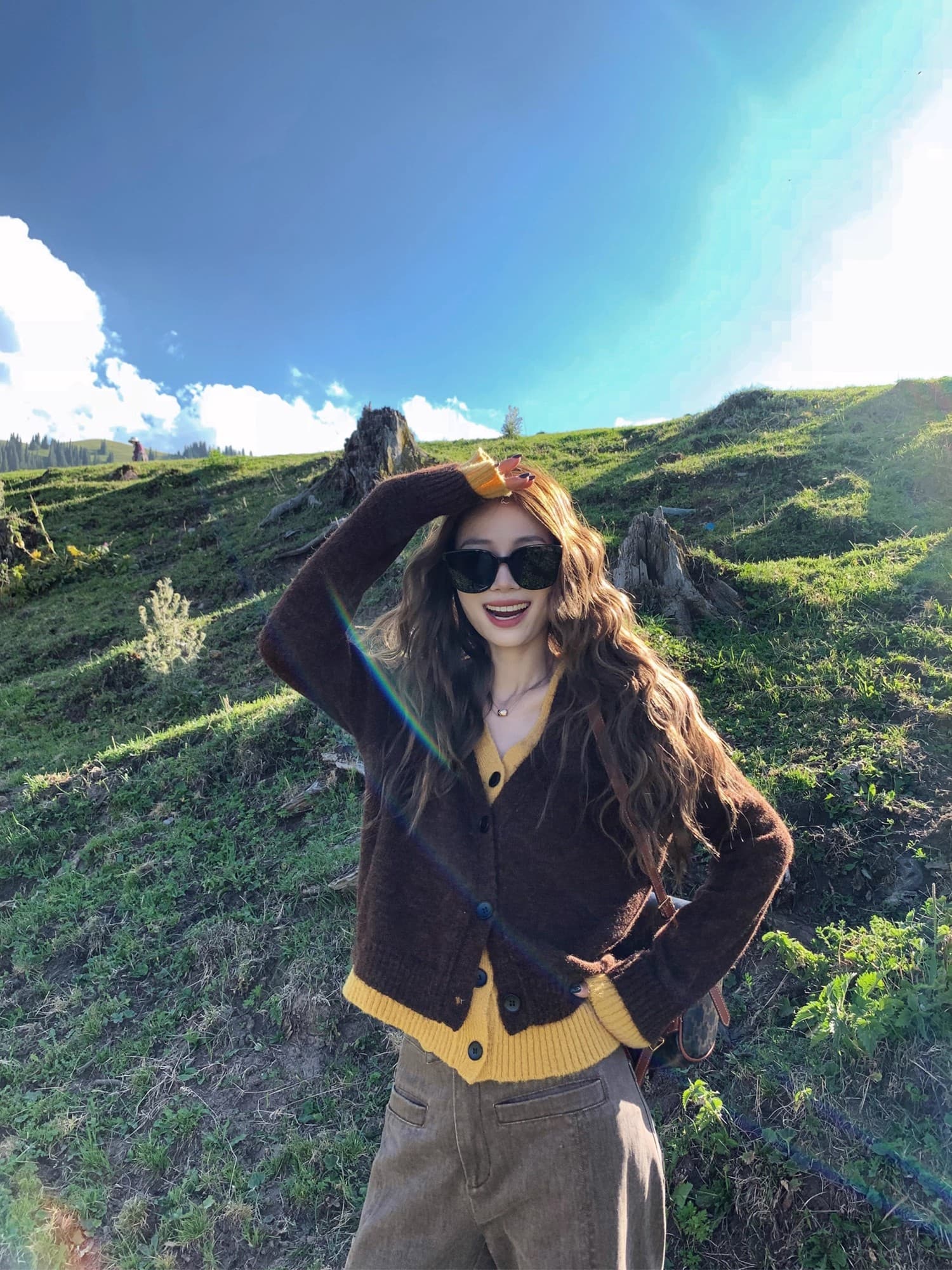 작은 6 월 6 월 브리트니 수 있습니다. 이슬 리 소녀 재미있는 착용 가져 가라. 페이크 레이어드 배색 양모 혼방 니트 오픈 가디건 상세 이미지 4
