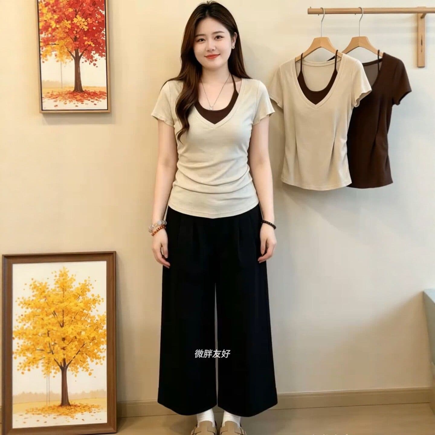 빅 사이즈 지방 mm 한 부서 페이크 레이어드 V넥 행침 목 슬립 몸매 가꾸기 반팔 티셔츠 여성 여름 디자인 센스 작은 대중 맨위 이미지 2
