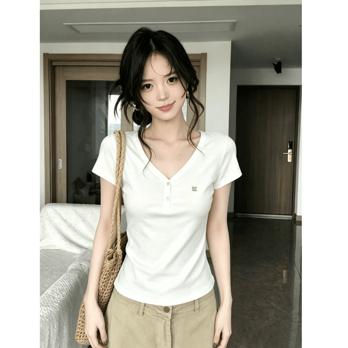 아메리칸 화이트 V넥 티셔츠 여성 여름 익스트림 제인 다용도 긍정적 인 어깨 반팔 몸매 가꾸기 슬림해 보이는 맨위 이미지 3