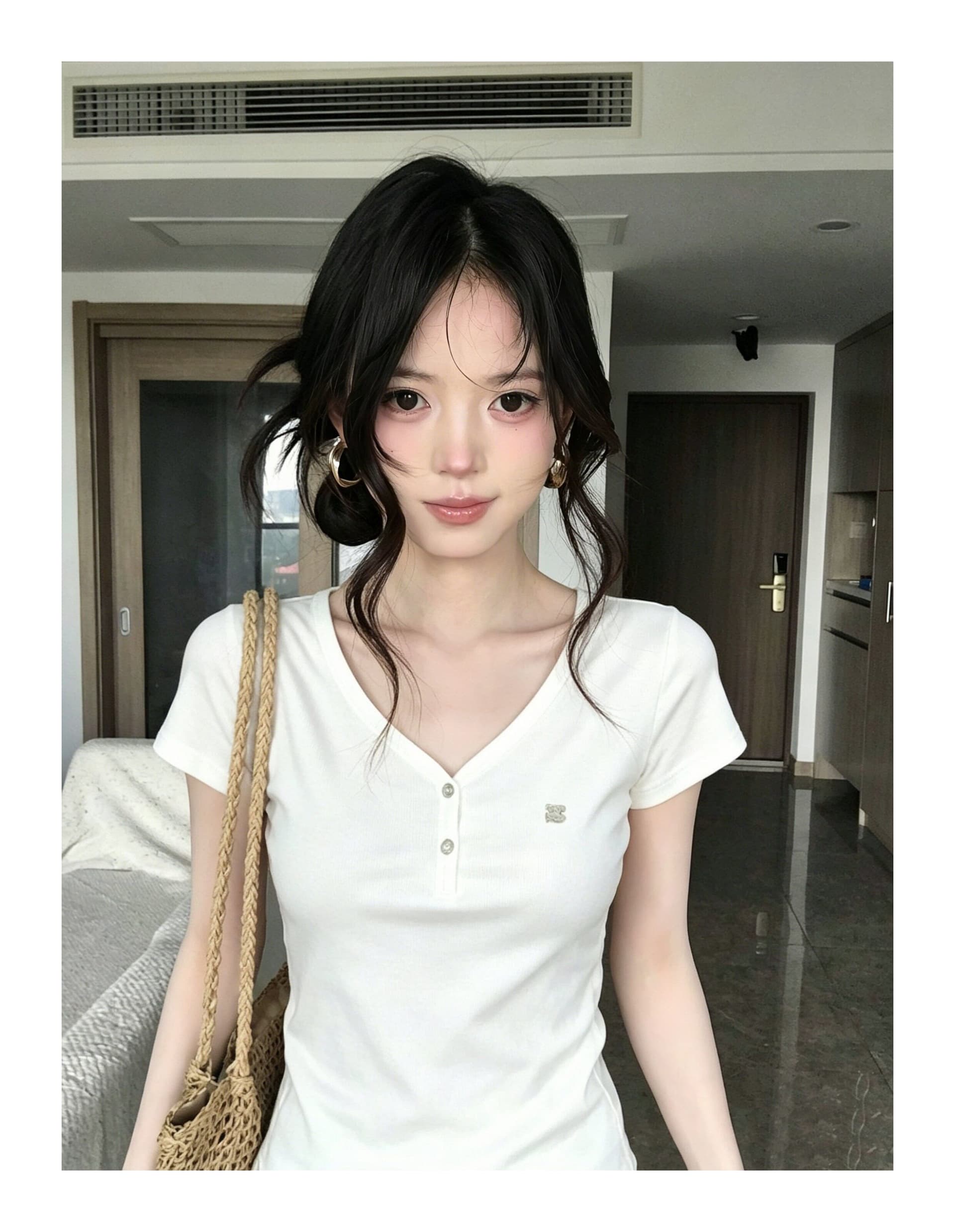 아메리칸 화이트 V넥 티셔츠 여성 여름 익스트림 제인 다용도 긍정적 인 어깨 반팔 몸매 가꾸기 슬림해 보이는 맨위 상세 이미지 5