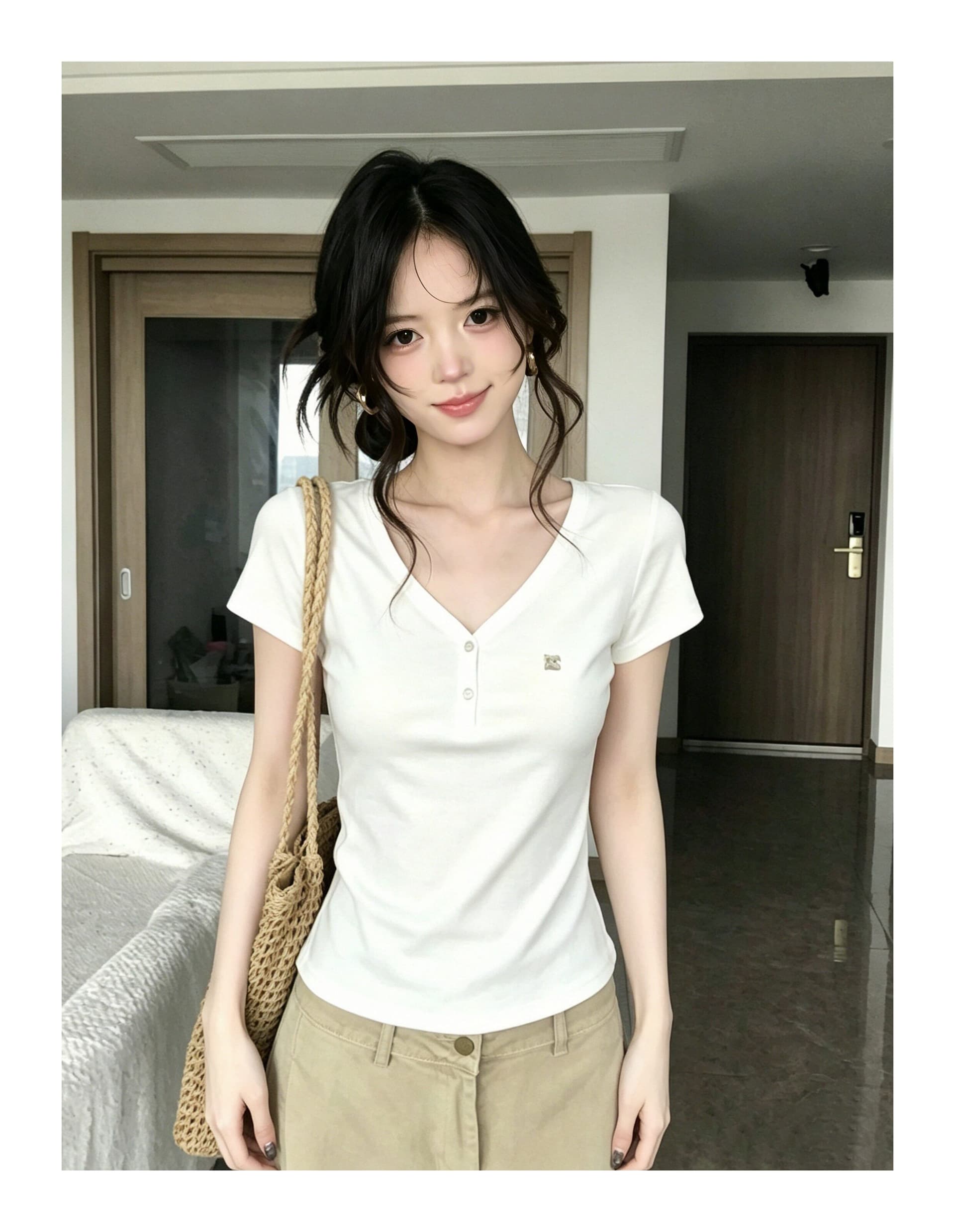 아메리칸 화이트 V넥 티셔츠 여성 여름 익스트림 제인 다용도 긍정적 인 어깨 반팔 몸매 가꾸기 슬림해 보이는 맨위 상세 이미지 6