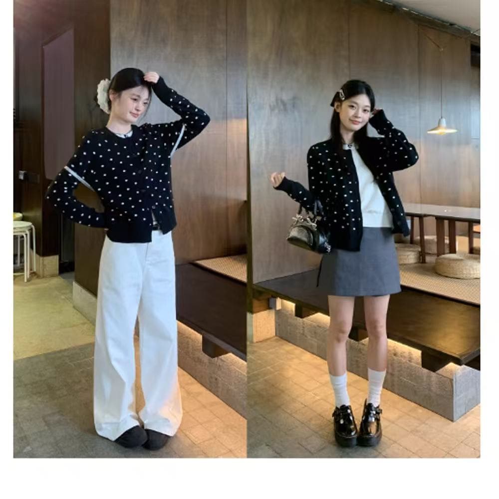 검정색 도트 무늬 페이크 레이어드 니트 오픈 가디건 여성 코트 가을 루즈핏 캐주얼 디자인 센스 맨위 상세 이미지 3