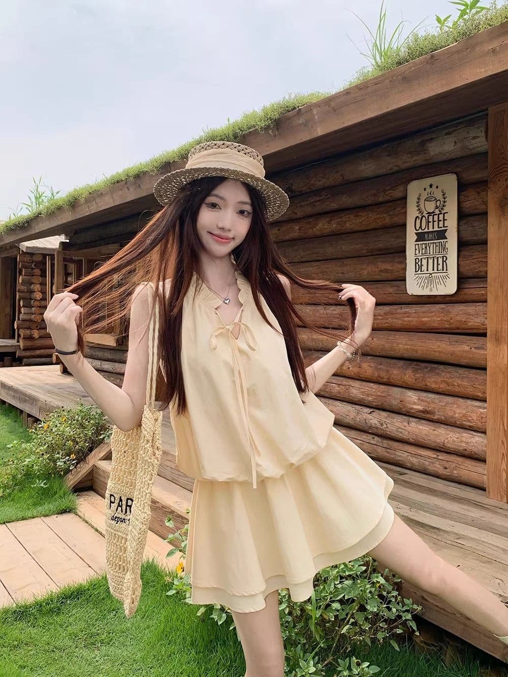 오래된 돈 바람 고급 디자인 소녀 센스 레이스 마이크로 루즈핏 핏 스타일 라운드 넥 민소매 쇼트 스타일 반바지 점프 슈트 치마 세트 상세 이미지 1