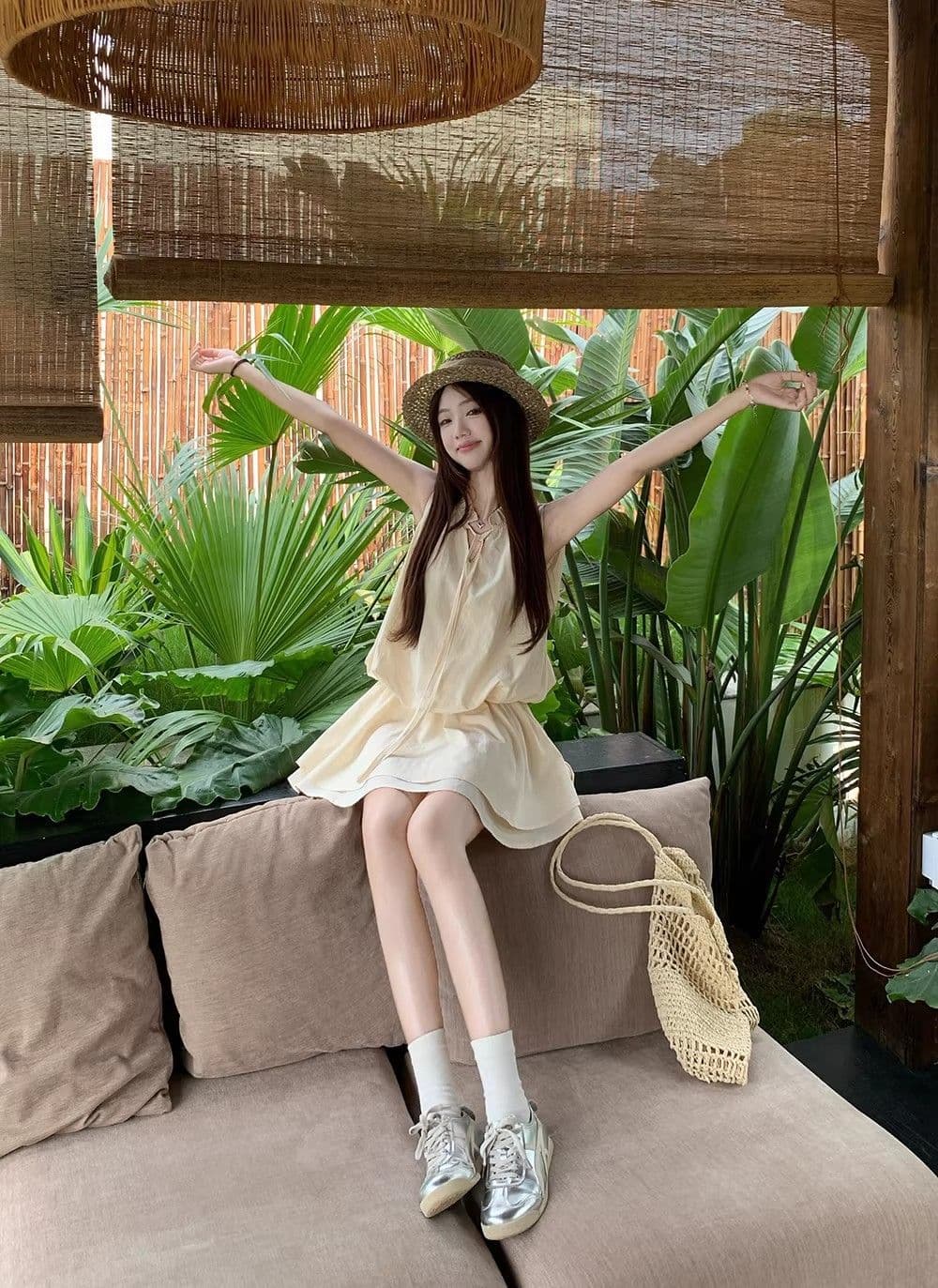 오래된 돈 바람 고급 디자인 소녀 센스 레이스 마이크로 루즈핏 핏 스타일 라운드 넥 민소매 쇼트 스타일 반바지 점프 슈트 치마 세트 상세 이미지 5