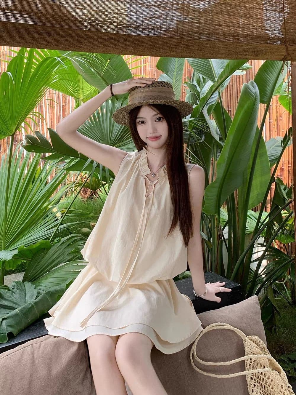 오래된 돈 바람 고급 디자인 소녀 센스 레이스 마이크로 루즈핏 핏 스타일 라운드 넥 민소매 쇼트 스타일 반바지 점프 슈트 치마 세트 상세 이미지 6