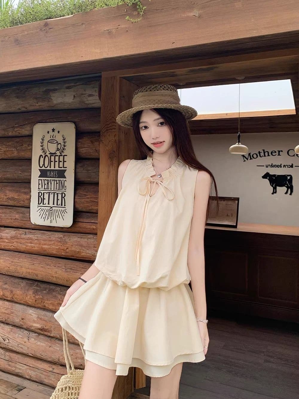오래된 돈 바람 고급 디자인 소녀 센스 레이스 마이크로 루즈핏 핏 스타일 라운드 넥 민소매 쇼트 스타일 반바지 점프 슈트 치마 세트 상세 이미지 9