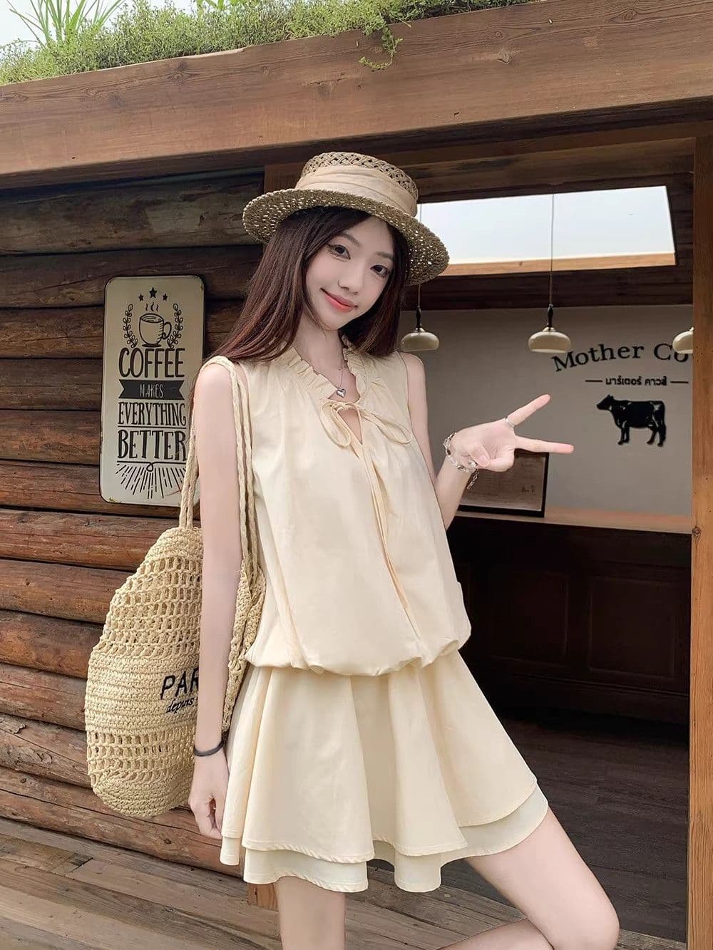 오래된 돈 바람 고급 디자인 소녀 센스 레이스 마이크로 루즈핏 핏 스타일 라운드 넥 민소매 쇼트 스타일 반바지 점프 슈트 치마 세트 상세 이미지 10