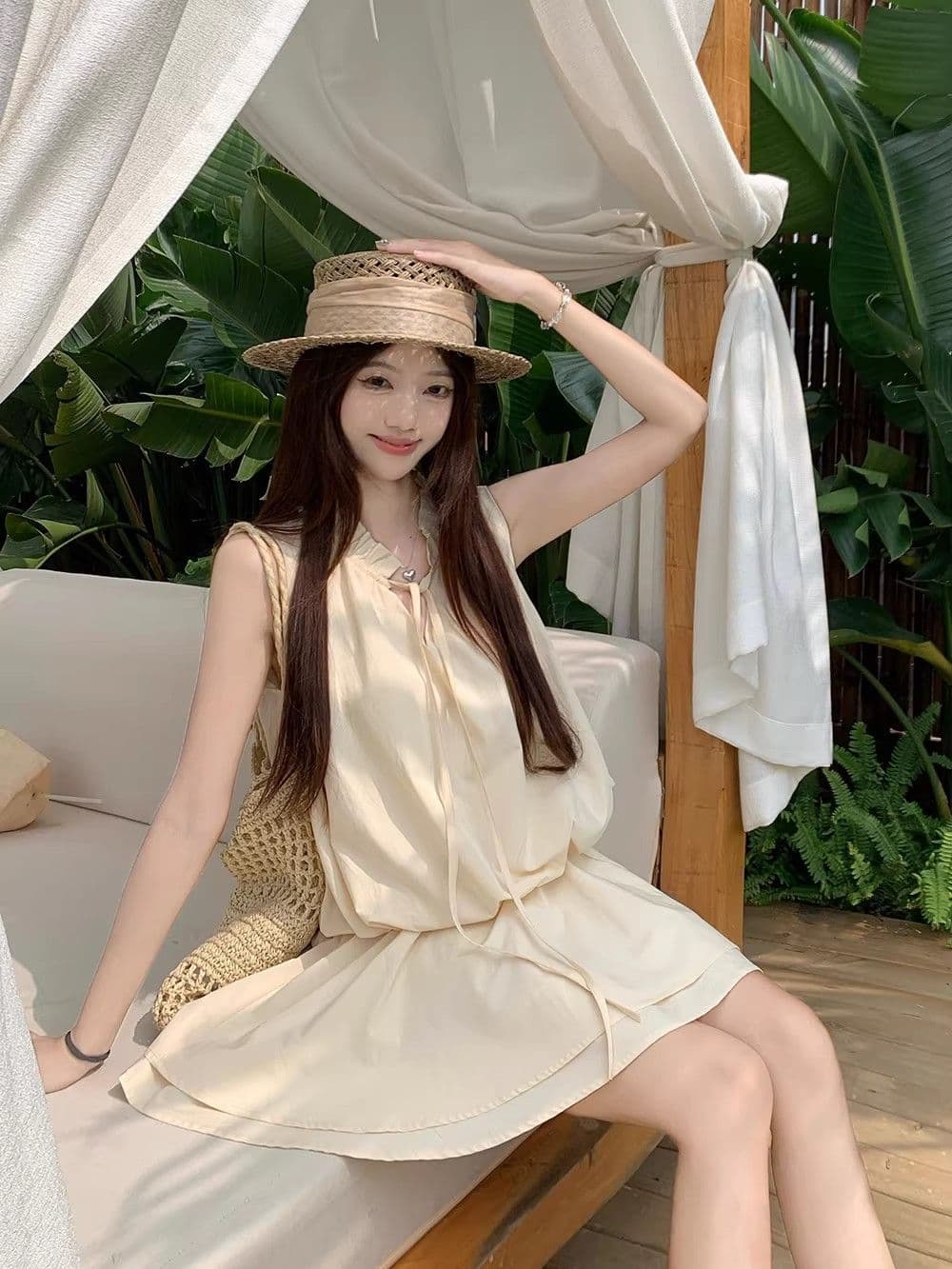 오래된 돈 바람 고급 디자인 소녀 센스 레이스 마이크로 루즈핏 핏 스타일 라운드 넥 민소매 쇼트 스타일 반바지 점프 슈트 치마 세트 상세 이미지 11