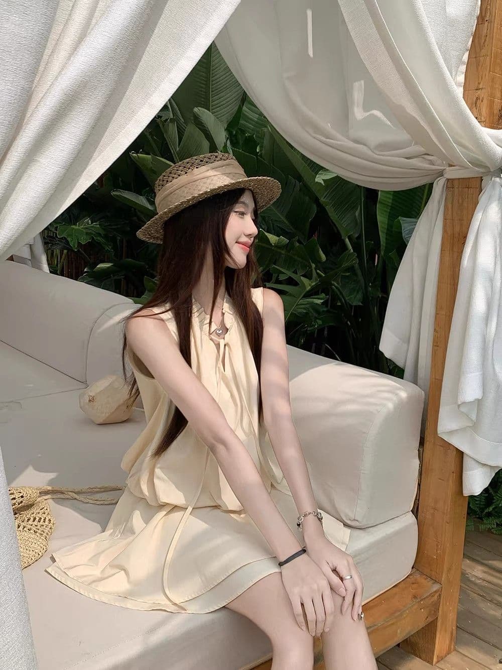 오래된 돈 바람 고급 디자인 소녀 센스 레이스 마이크로 루즈핏 핏 스타일 라운드 넥 민소매 쇼트 스타일 반바지 점프 슈트 치마 세트 상세 이미지 12