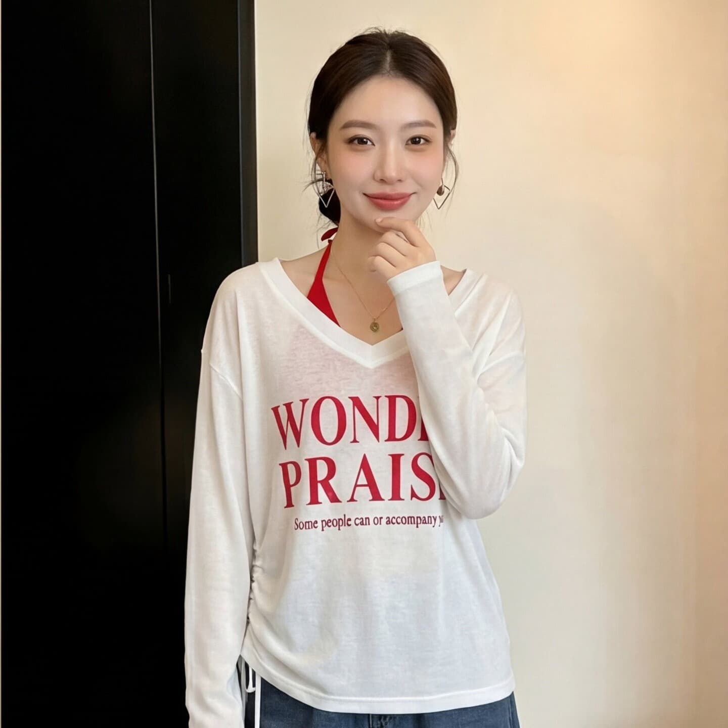여름 V넥 프린트 자외선 차단 긴팔 티셔츠 여성 행침 목 슬립 맨위 투피스 세트 이미지 4