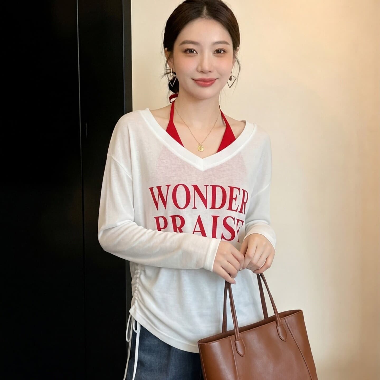 여름 V넥 프린트 자외선 차단 긴팔 티셔츠 여성 행침 목 슬립 맨위 투피스 세트 이미지 2