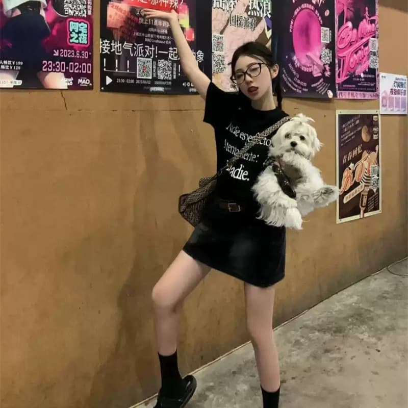 21 순면 210 그램 이후 패키지 칼라 여름 드레스 한 부서 반팔 티셔츠 여성 한국 스타일 루즈핏 빅 사이즈 프린트
