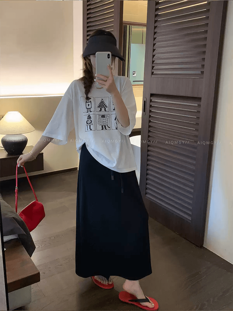 21 순면 210 그램 이후 패키지 칼라 여름 드레스 한 부서 반팔 티셔츠 여성 한국 스타일 루즈핏 빅 사이즈 프린트 이미지 4