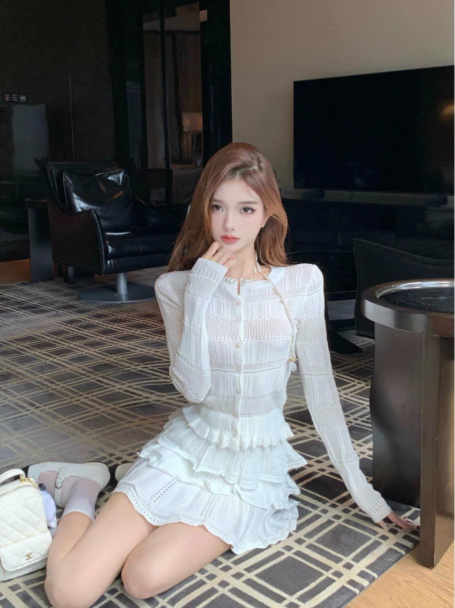비 자매 팬 블루 계란 치마 패션 니트 질감 맨위 펌프 Pleat 케이크 드레스 투피스 슈트 새로운 이미지 4