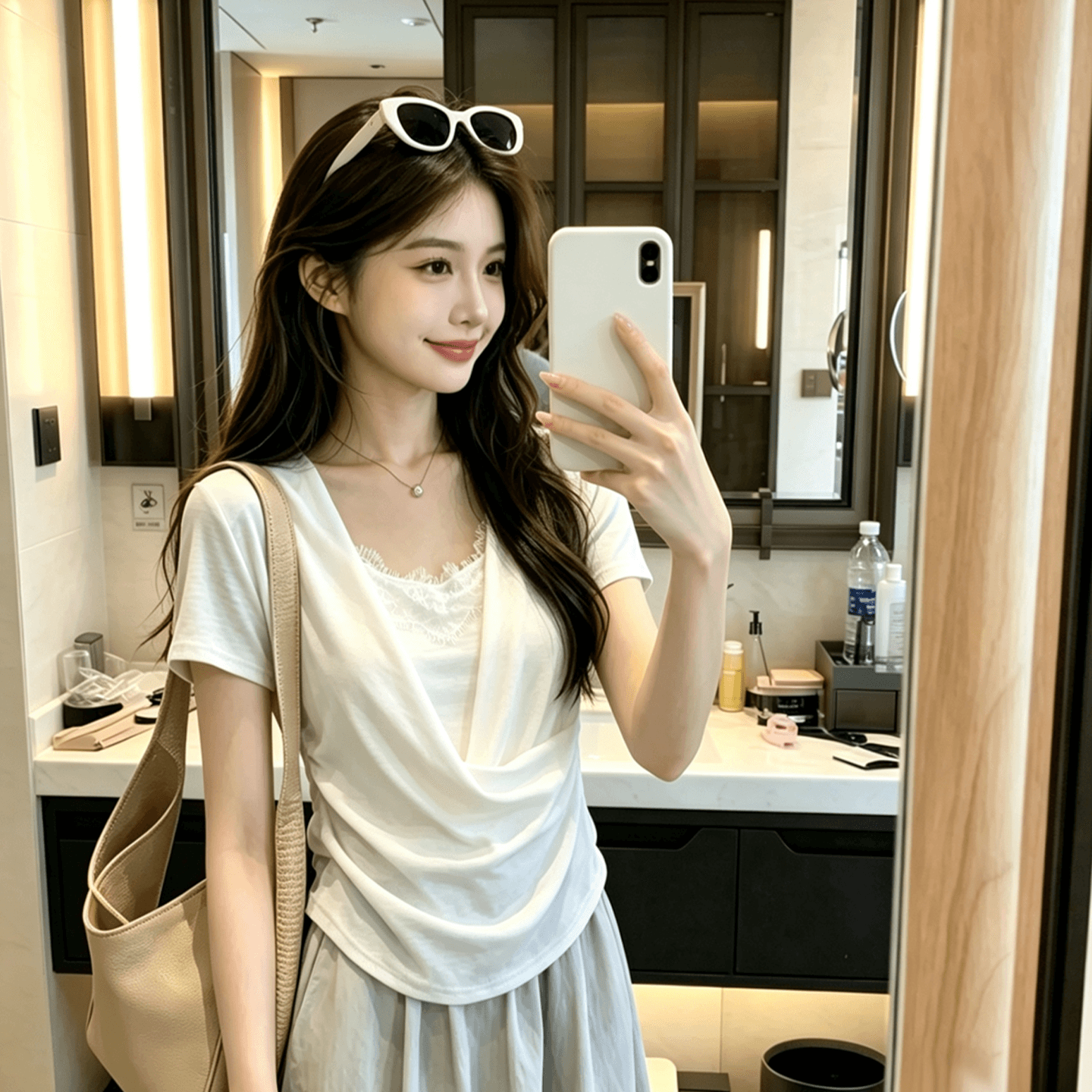 프랑스식 미니멀리즘 u 칼라 페이크 레이어드 화이트 반팔 티셔츠 여성 여름 레이스 조각 슬림해 보이는 맨위 상세 이미지 8