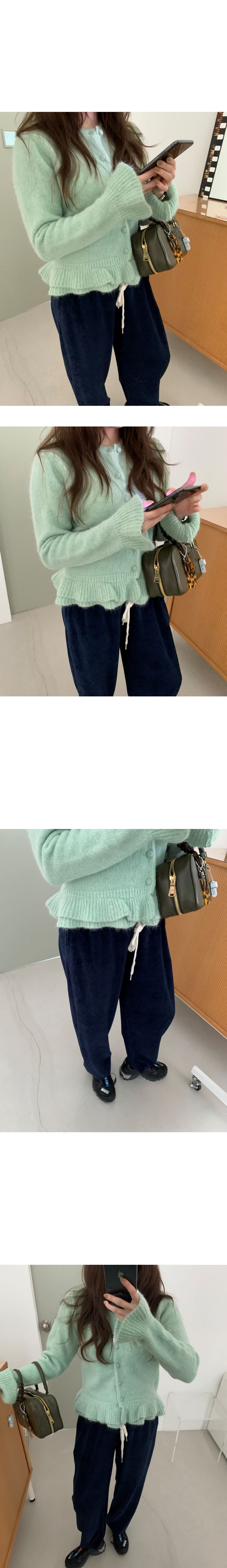 박하 녹색 프릴 니트 오픈 가디건 여성 조기 봄 새로운 디자인 센스 슬림해 보이는 쇼트 스타일 스웨터 코트 맨위 상세 이미지 6