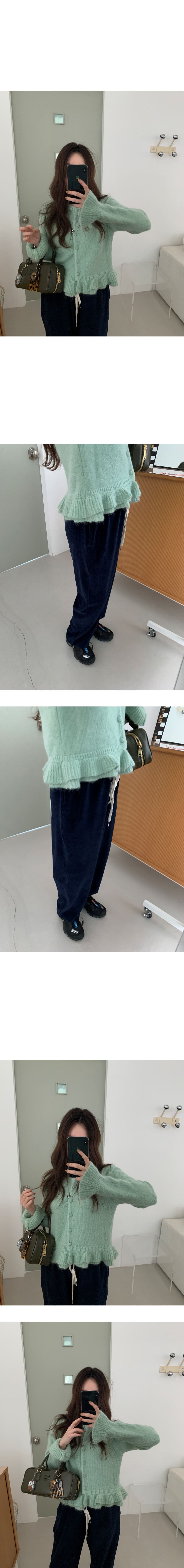 박하 녹색 프릴 니트 오픈 가디건 여성 조기 봄 새로운 디자인 센스 슬림해 보이는 쇼트 스타일 스웨터 코트 맨위 상세 이미지 7