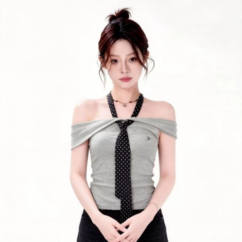 한 부서 도트 무늬 스트랩 오프숄더 반팔 티셔츠 여성 여름 몸매 가꾸기 슬림해 보이는 캐주얼 맨위 이미지 3