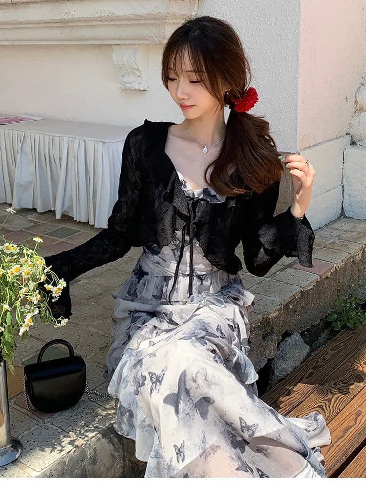 애니 아니요 화재 꽃무늬 나비 슬립 길다 치마 허리 수축 슬림해 보이는 품격 고급 센스 불규칙 수묵화 드레스 이미지 4