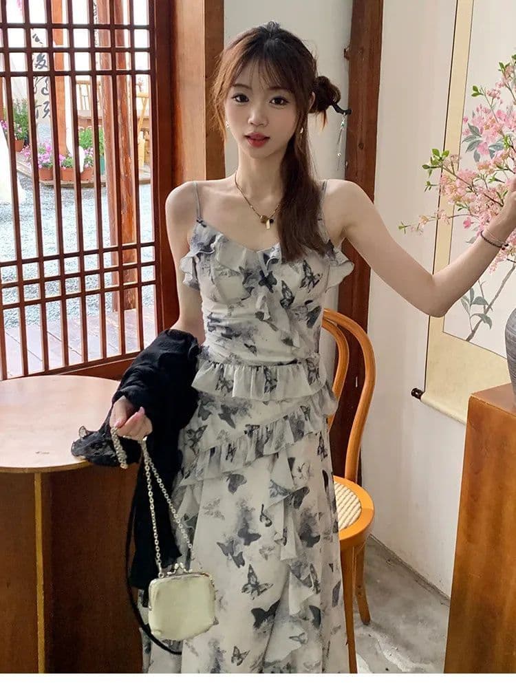 애니 아니요 화재 꽃무늬 나비 슬립 길다 치마 허리 수축 슬림해 보이는 품격 고급 센스 불규칙 수묵화 드레스 이미지 2