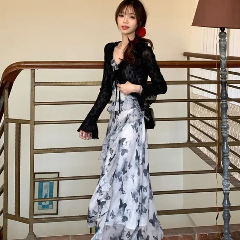 애니 아니요 화재 꽃무늬 나비 슬립 길다 치마 허리 수축 슬림해 보이는 품격 고급 센스 불규칙 수묵화 드레스 이미지 5