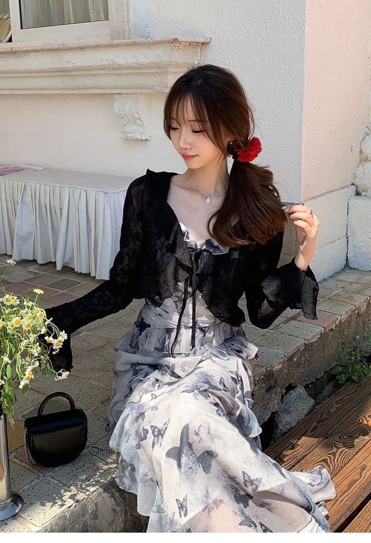 애니 아니요 화재 꽃무늬 나비 슬립 길다 치마 허리 수축 슬림해 보이는 품격 고급 센스 불규칙 수묵화 드레스 상세 이미지 2