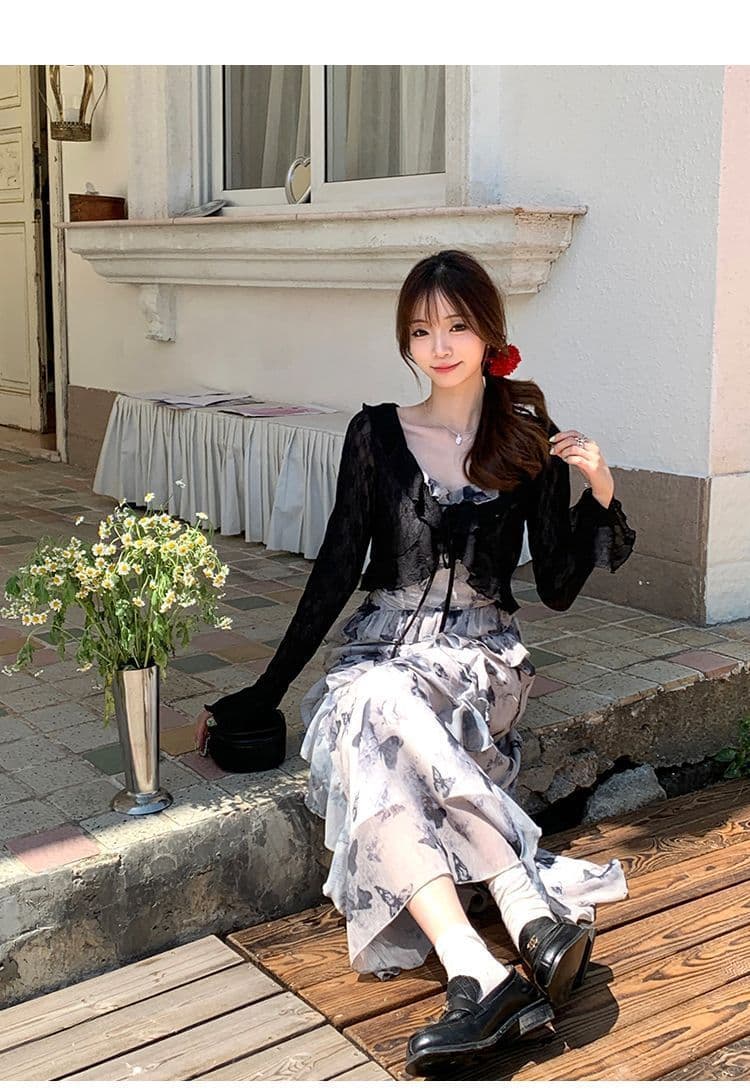애니 아니요 화재 꽃무늬 나비 슬립 길다 치마 허리 수축 슬림해 보이는 품격 고급 센스 불규칙 수묵화 드레스 상세 이미지 7