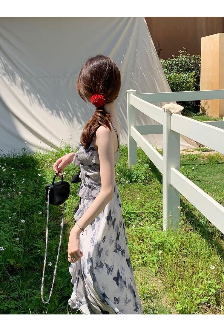 애니 아니요 화재 꽃무늬 나비 슬립 길다 치마 허리 수축 슬림해 보이는 품격 고급 센스 불규칙 수묵화 드레스 상세 이미지 8