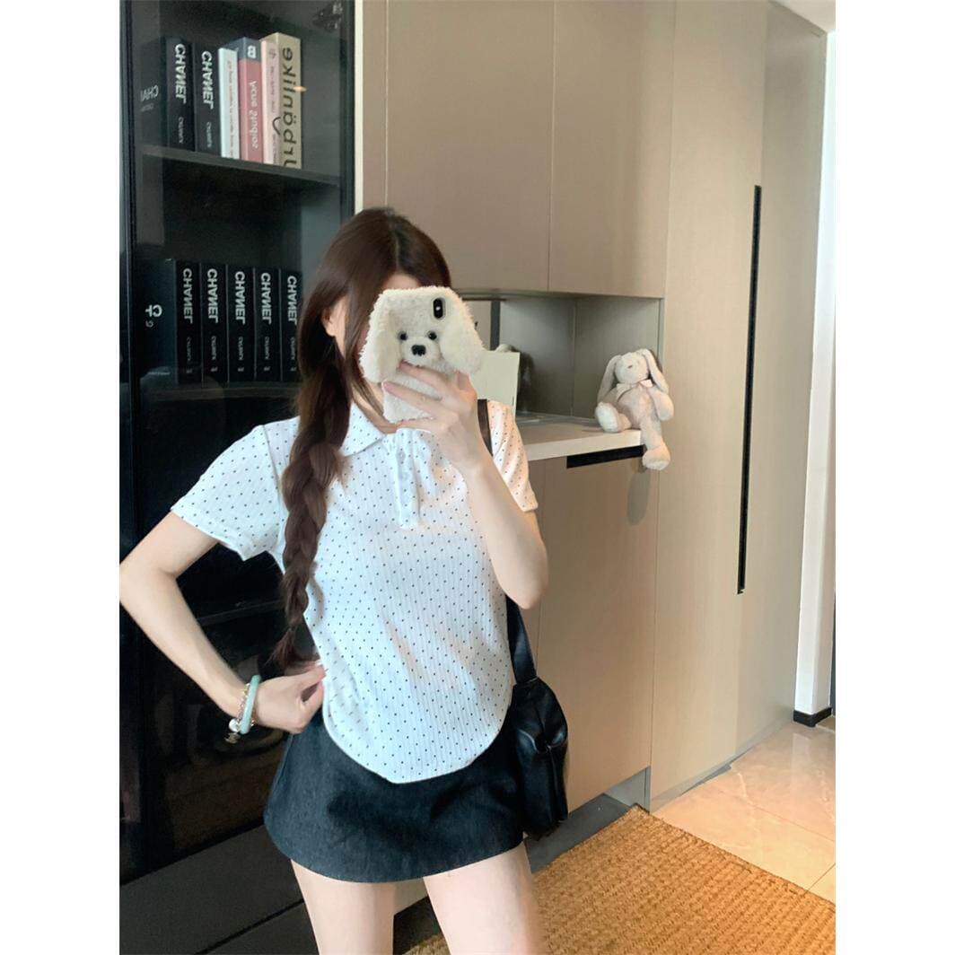 한 부서 달콤함 베이비 칼라 반팔 티셔츠 여성 여름 2026 새로운 도트 무늬 프랑스식 캐주얼 슬림해 보이는 다용도 맨위 이미지 2