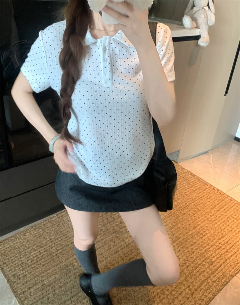 한 부서 달콤함 베이비 칼라 반팔 티셔츠 여성 여름 2026 새로운 도트 무늬 프랑스식 캐주얼 슬림해 보이는 다용도 맨위 상세 이미지 10