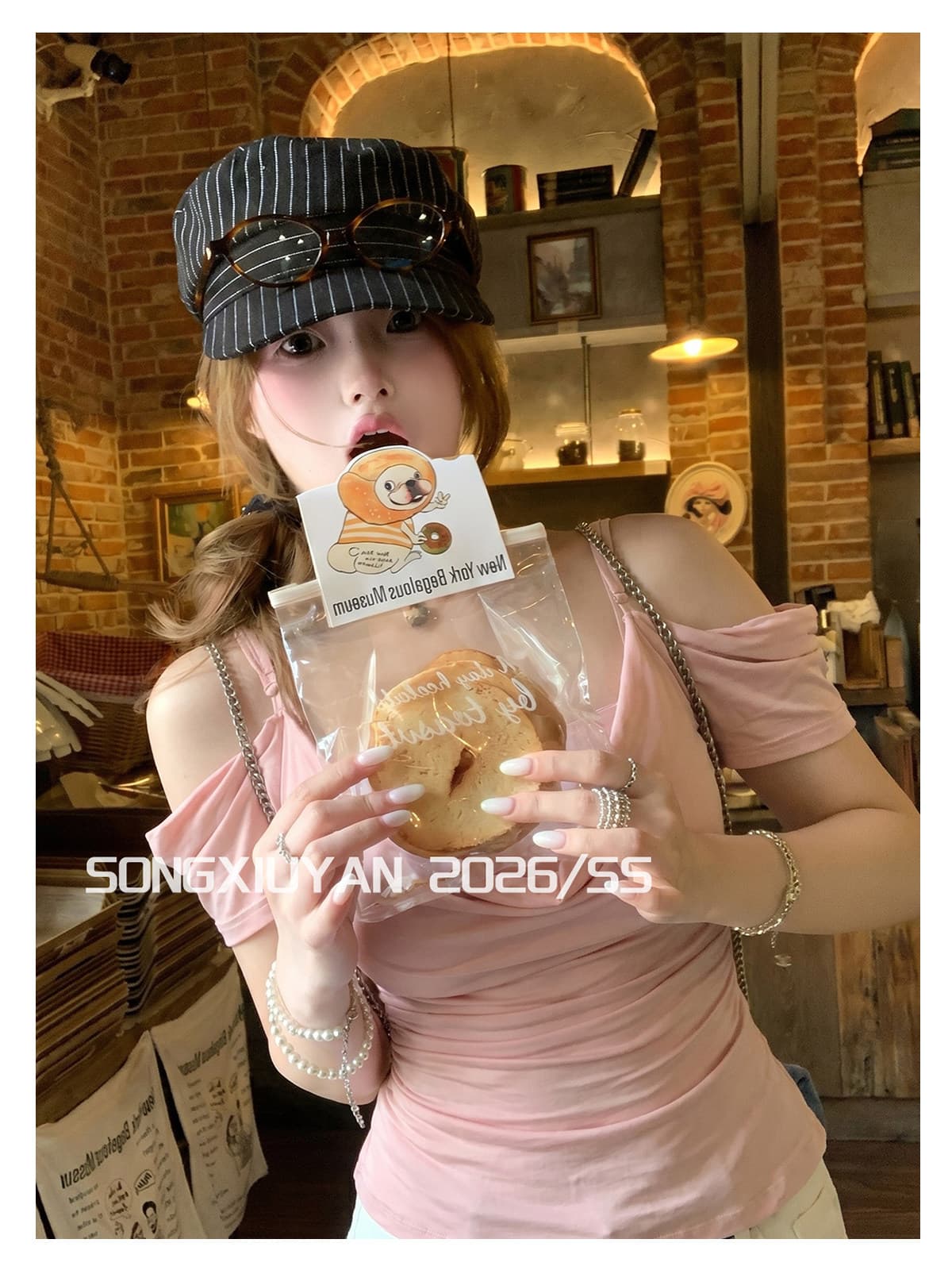 소녀 도파민 핑크색 흔들다 칼라 반팔 티셔츠 스택 착용 캐미솔 몸매 가꾸기 세트 상세 이미지 3