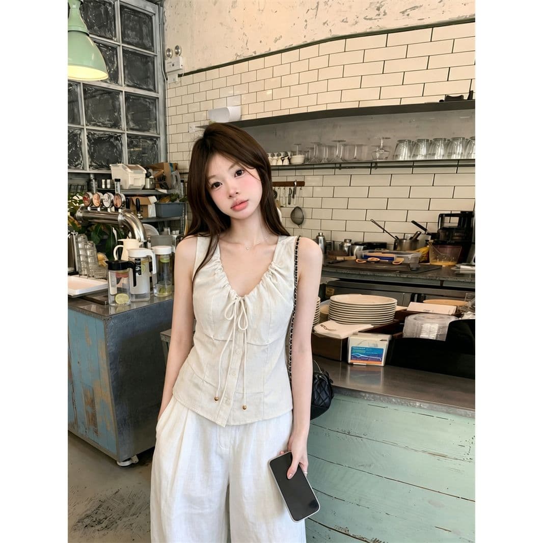 V넥 조끼 여성 여름 비즈 핀치 Pleat 민소매 허리 수축 쇼트 스타일 작은 맨위