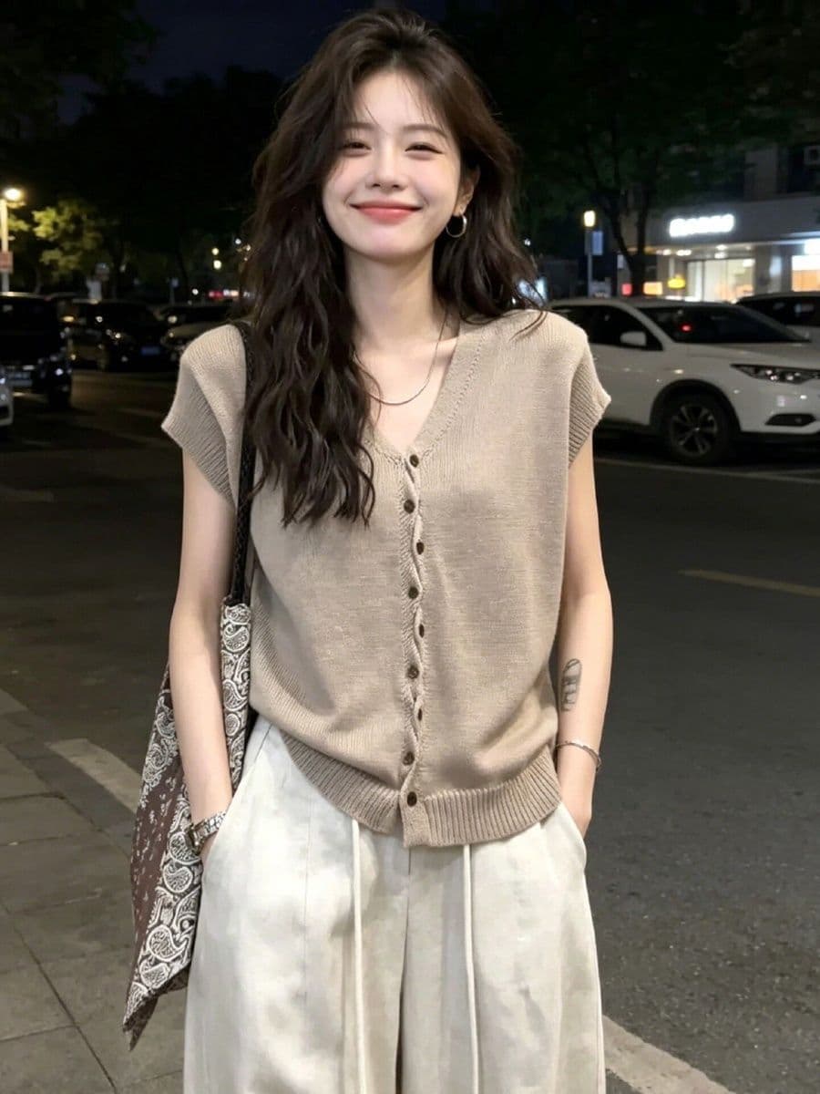 느슨함 센스 V넥 단추 작은 날다 소매 니트 오픈 가디건 여름 새로운 프랑스식 품격 맨위 여성 이미지 4