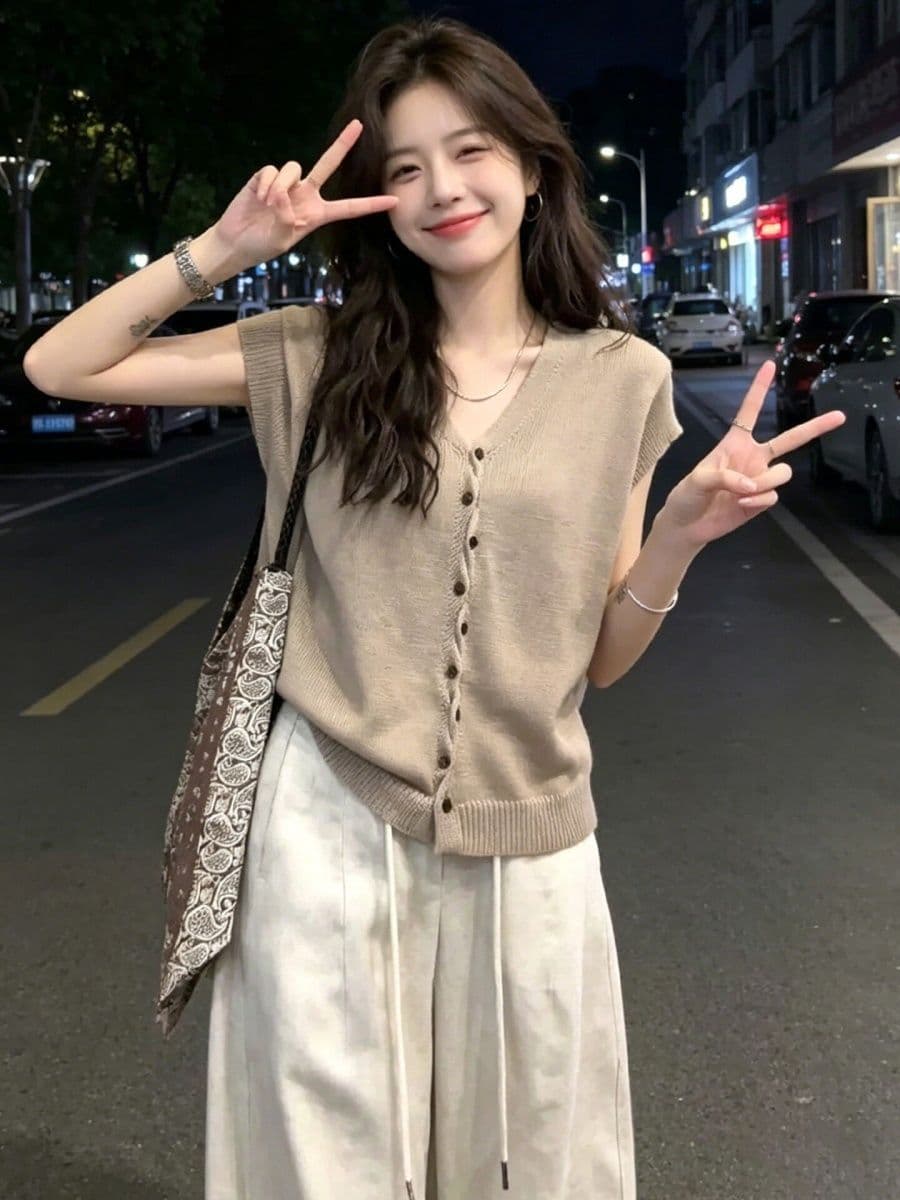 느슨함 센스 V넥 단추 작은 날다 소매 니트 오픈 가디건 여름 새로운 프랑스식 품격 맨위 여성 이미지 3