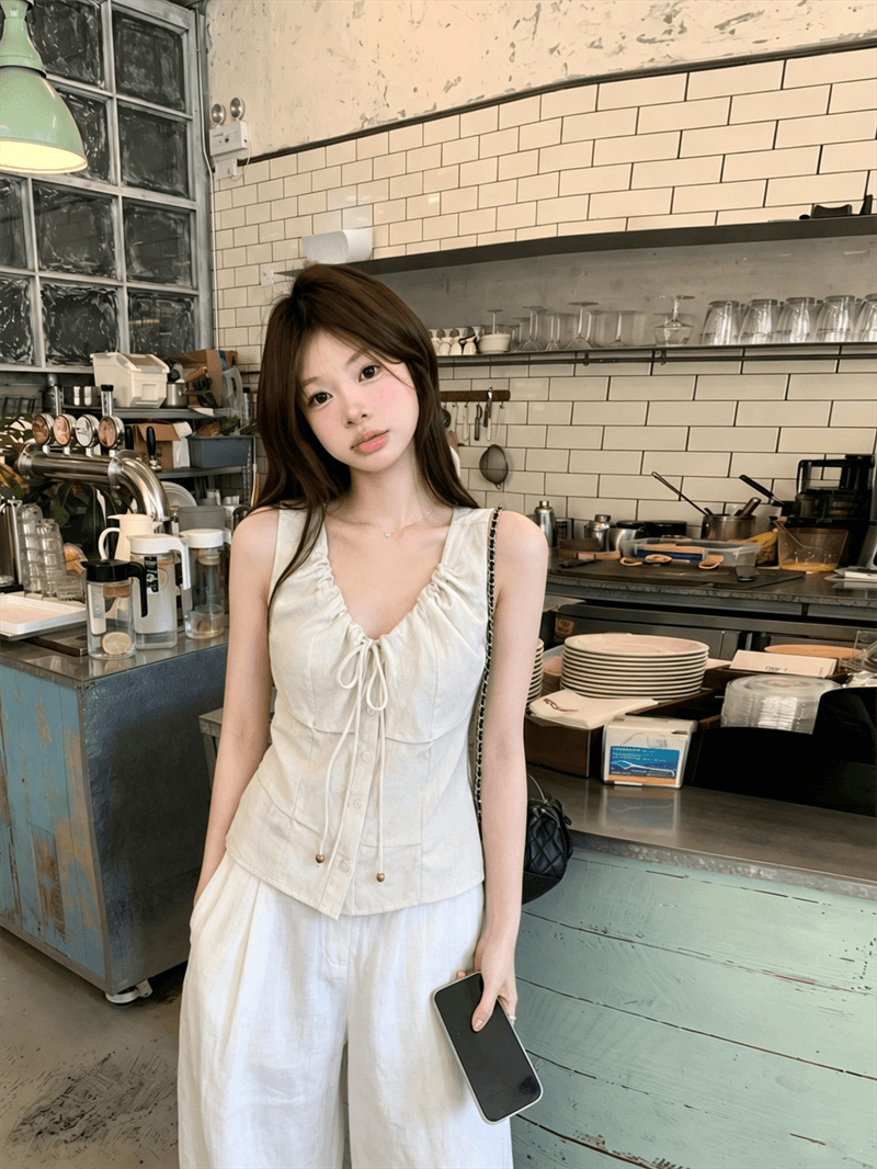 V넥 조끼 여성 여름 비즈 핀치 Pleat 민소매 허리 수축 쇼트 스타일 작은 맨위 상세 이미지 3