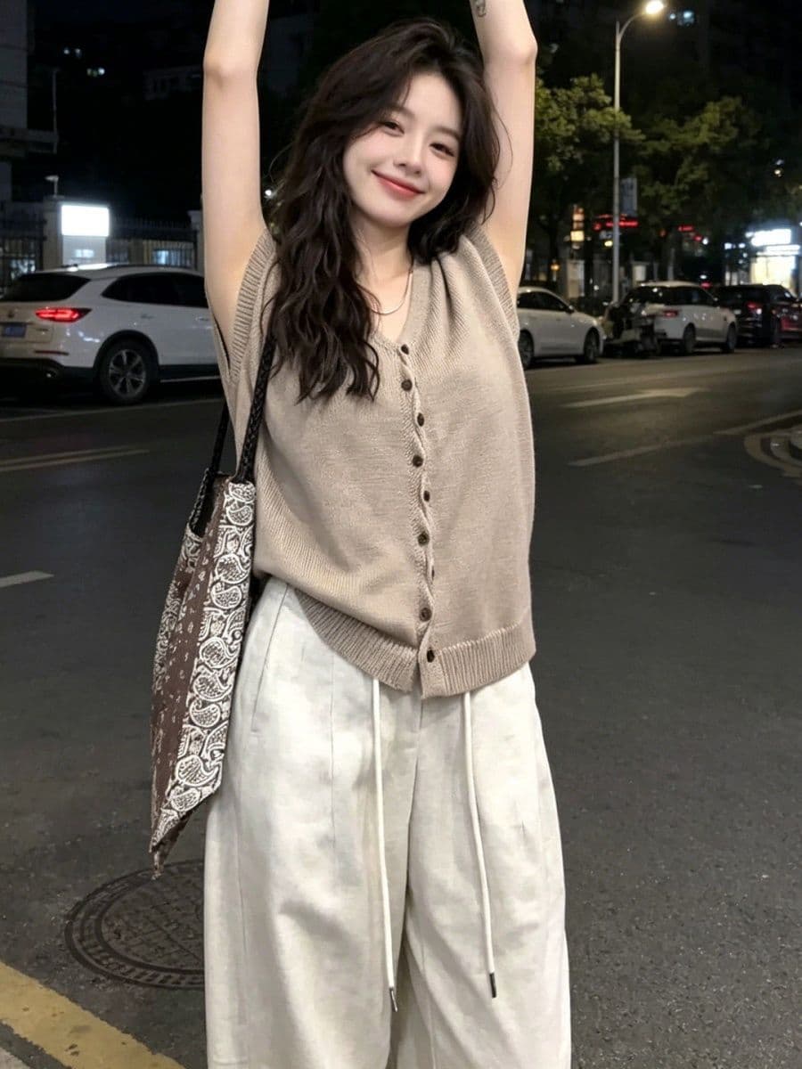 느슨함 센스 V넥 단추 작은 날다 소매 니트 오픈 가디건 여름 새로운 프랑스식 품격 맨위 여성 상세 이미지 4