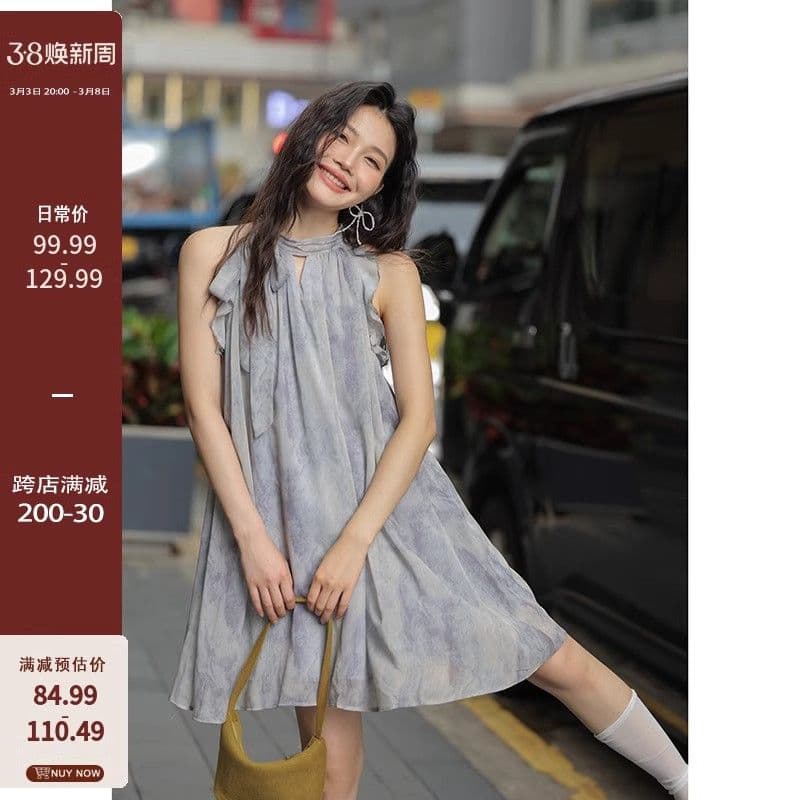 새로운 중식 국풍 행침 목 슬립 드레스 여성 의류 2025 새로운 여름 작은 키 작은 대중 디자인 센스 미니 스커트 이미지 3