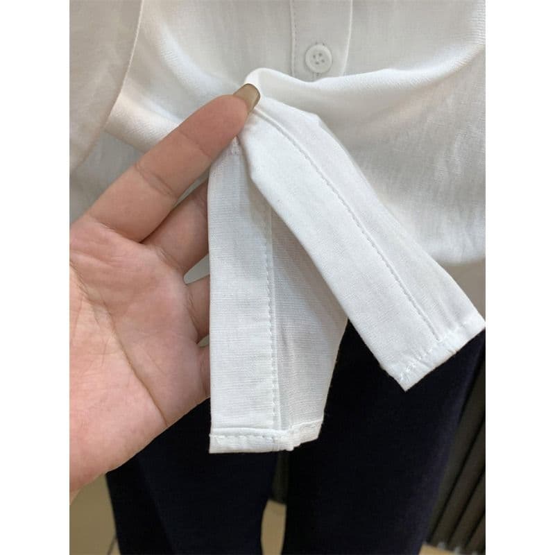프랑스식 POLO 칼라 리본 디자인 센스 작은 대중 화이트 여성 셔츠 여름 품격 셔츠 슬림해 보이는 반팔 맨위 이미지 2