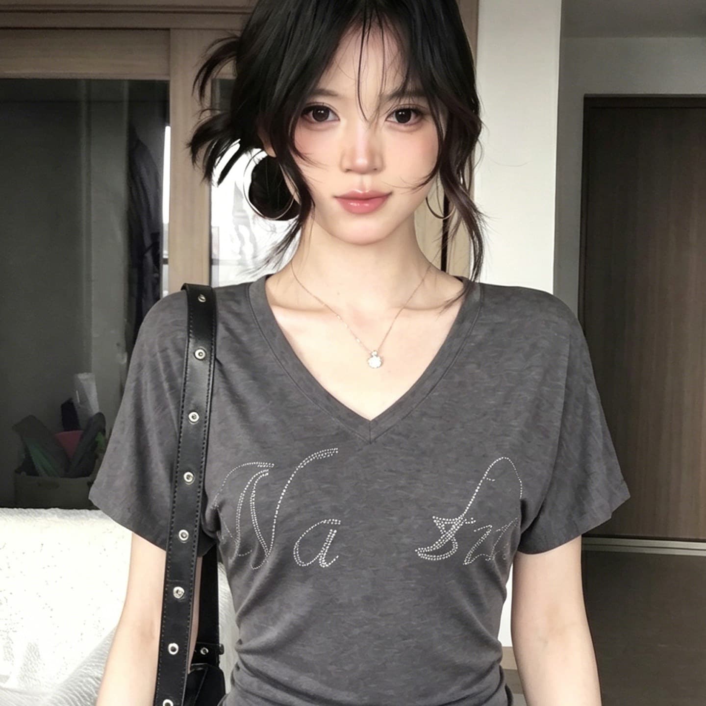 260 그램 사람들 면 빅 사이즈 프랑스식 V넥 반팔 티셔츠 여성 여름 무거운 작업 핫픽스 알파벳 디자인 센스 회색 맨위 이미지 5