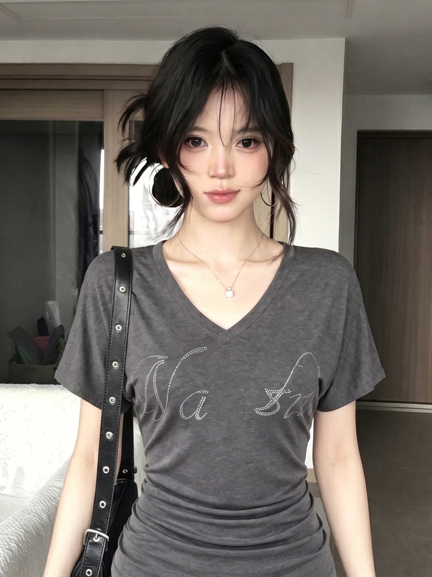 260 그램 사람들 면 빅 사이즈 프랑스식 V넥 반팔 티셔츠 여성 여름 무거운 작업 핫픽스 알파벳 디자인 센스 회색 맨위 상세 이미지 5