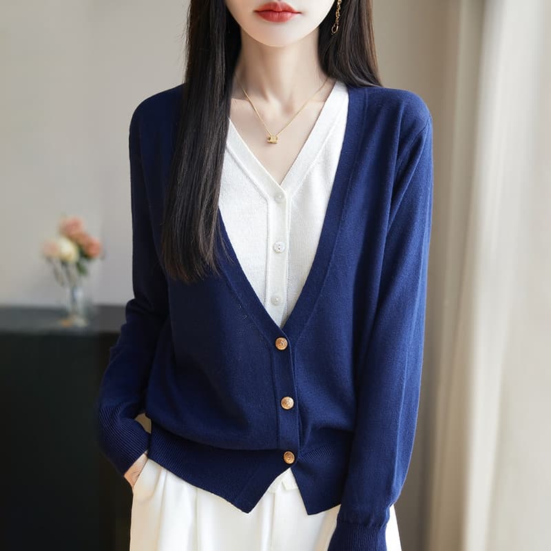 봄 가을 새로운 빅 사이즈 양모 오픈 가디건 여성 V넥 패치워크 색상 페이크 레이어드 스웨터 루즈핏 긴팔 니트 재킷 맨위 이미지 2