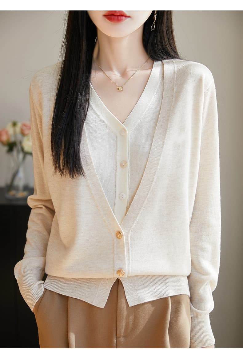 봄 가을 새로운 빅 사이즈 양모 오픈 가디건 여성 V넥 패치워크 색상 페이크 레이어드 스웨터 루즈핏 긴팔 니트 재킷 맨위 상세 이미지 9