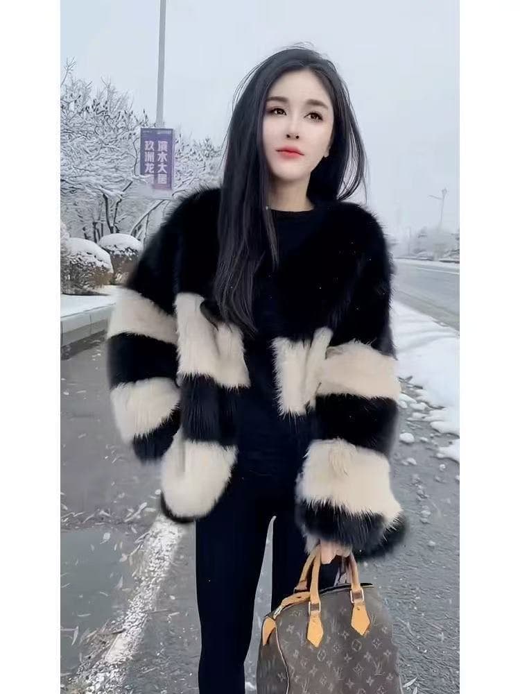 작은 샤넬 스타일 흑인과 백인 배색 피모 하나 재킷 느긋한 레트로 고급 센스 맨위 여성 겨울 상세 이미지 1