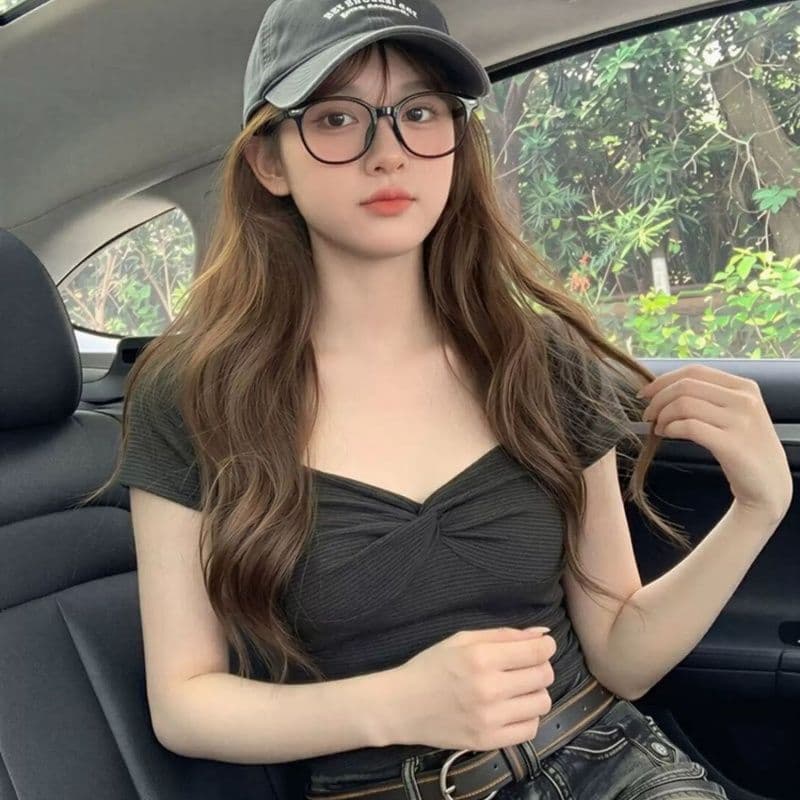 광장 칼라 스트라이프 비틀림 반팔 티셔츠 여성 여름 몸매 가꾸기 슬림해 보이는 허리 수축 출퇴근 핫걸 맨위 이미지 3